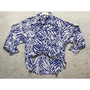 Eleanor P Brenner 100% Silk Sz Med Womens‎ White & Dark Blue Long Sleeve Blouse